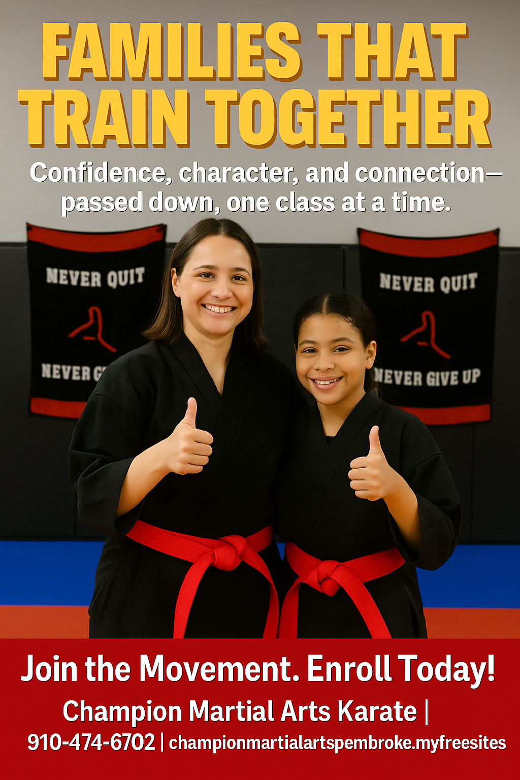Illustrated Champion Martial Arts family poster: Families that train together. Confidence, character and connection, passed down one class at a time.